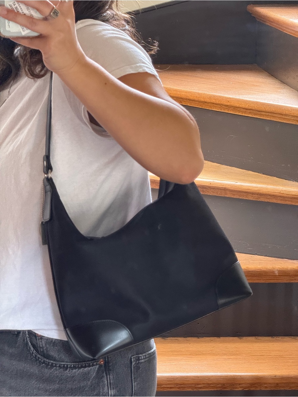 nine west black nylon shoulder bag with leather trim